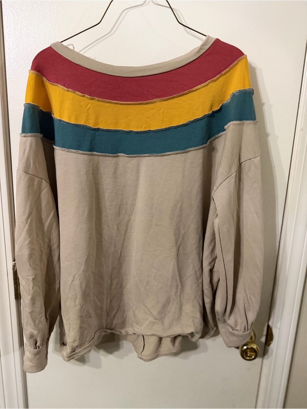 Women’s Long Sleeve Colorblock Pullover - Beige with Red, Yellow & Teal Stripes